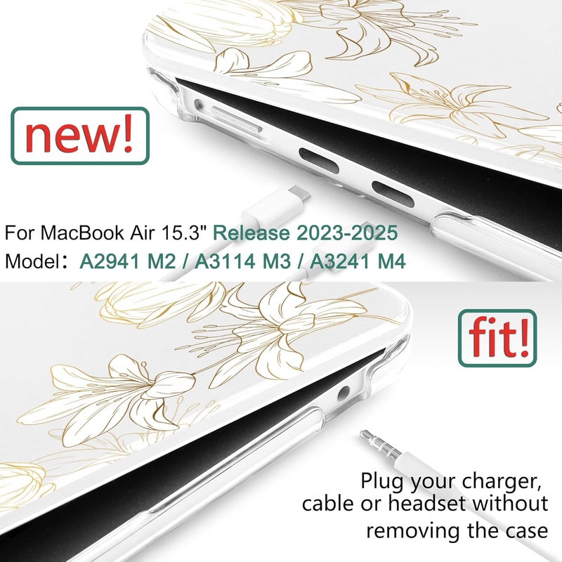 DONGKE Compatible with M4 MacBook Air 15 inch Case 2025 2024 2023 A3241 A3114 A2941 M3 M2 Liquid Retina Display Touch ID, Plastic Hard Case & Keyboard Skin & Screen Protector - Golden Floral - Image 2